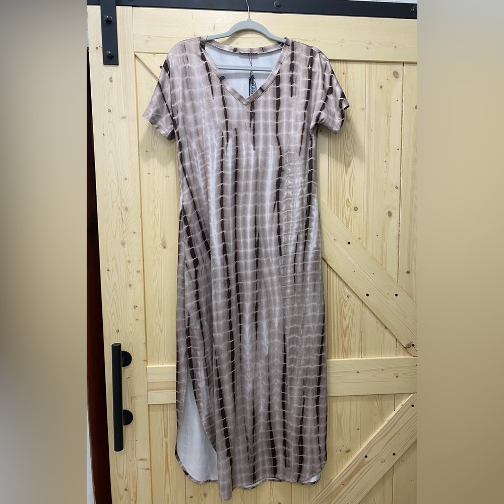 🐍 🙌Tie Dye Browns Print Maxi Knot Tie Short-sleeve Scoop Neck Dress